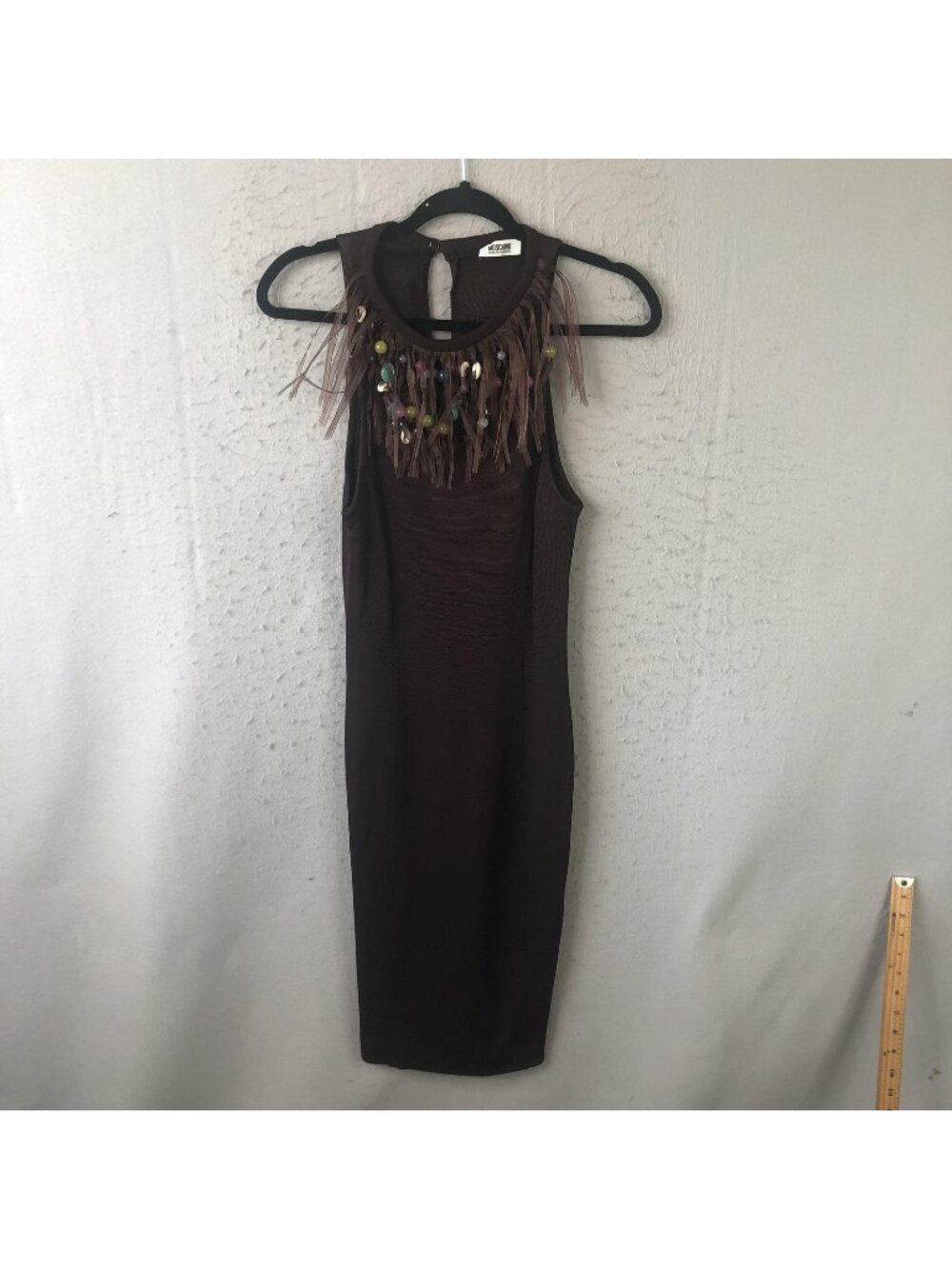 Moschino Cheap And Chic Dress Womens S Brown Bodycon Fringe Beaded Midi Party